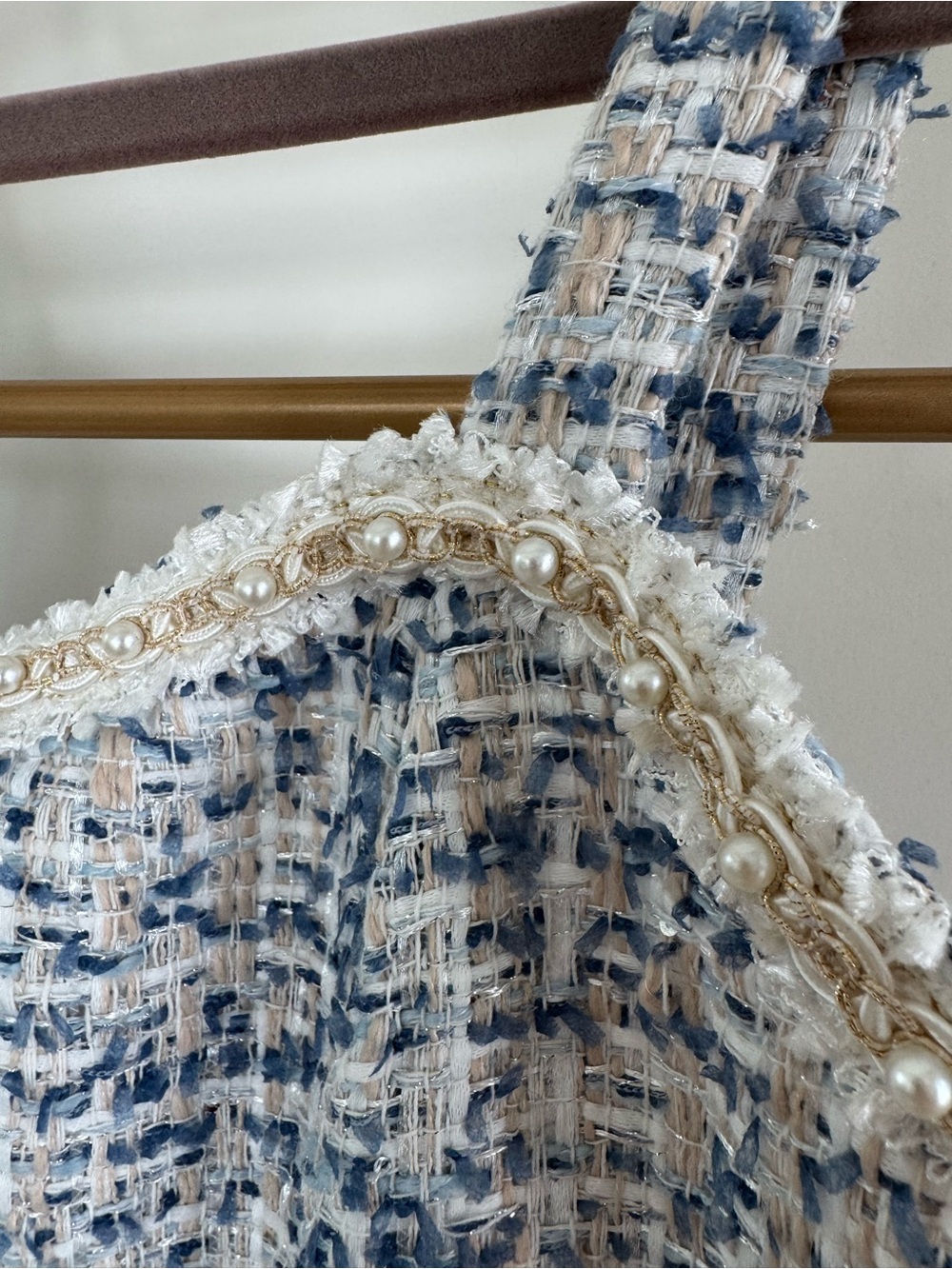 NWT Lulu's Blue & White Tweed Jumpsuit with Beaded details Size M - Picture 3 of 9